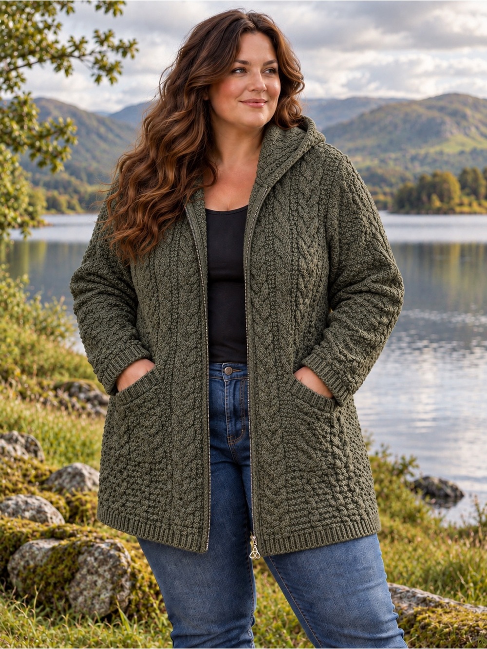 Fisherman Cable Knit Hooded Zip Merino Wool Jacket Green Aran Crafts Women’s XXL